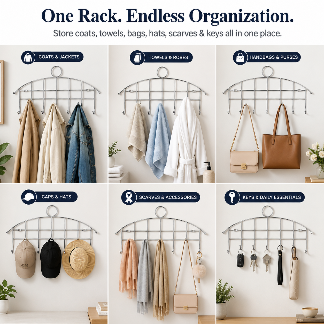 7-hook wall hanger rack displaying coats, towels, handbags, hats, scarves and keys for organized home storage and space saving.