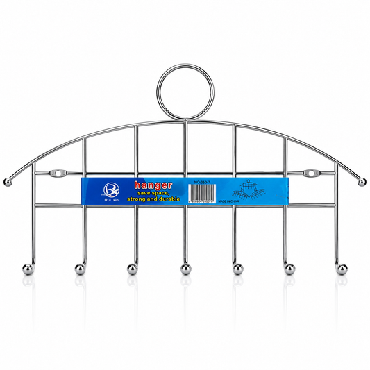 Chrome silver 7-hook wall mounted metal hanger rack with decorative arch frame and sturdy hooks for coats, bags and accessories.