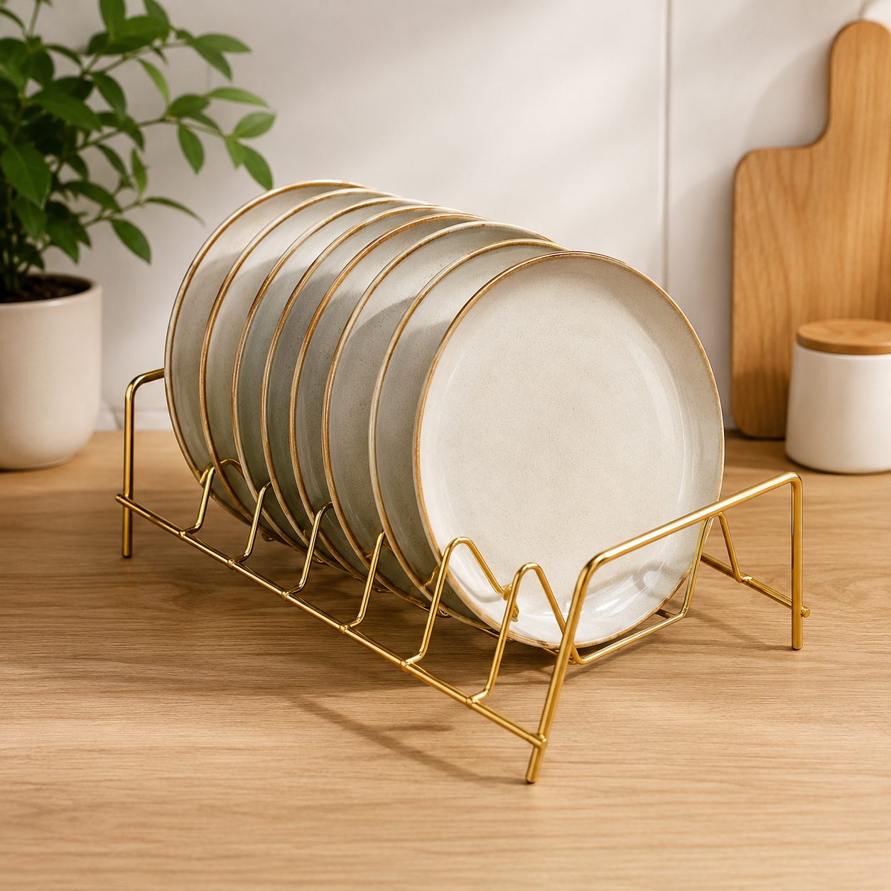 Aurea Gold Metal Plate Holder with ceramic plates arranged neatly on a kitchen countertop for easy access and clutter-free organization