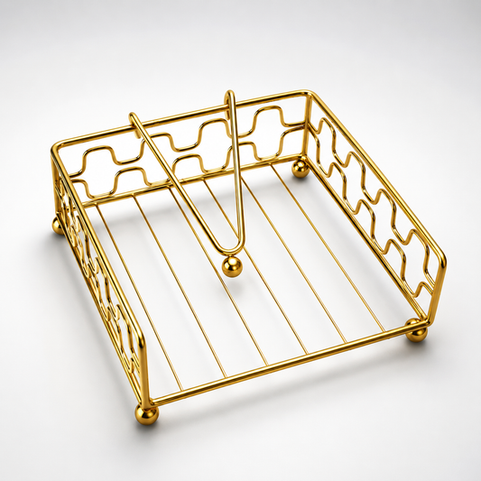 Aurea Gold Metal Tissue Holder, modern decorative metal napkin holder with weighted arm and elegant gold finish