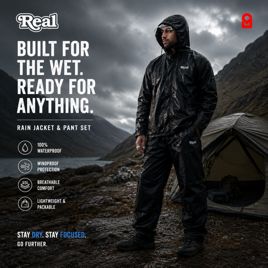 Waterproof black raincoat jacket and pant set outdoor lifestyle image with hooded rainwear for trekking camping and monsoon use