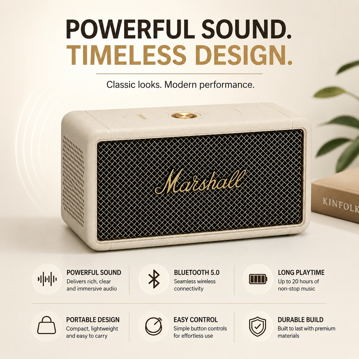 Premium vintage-style portable Bluetooth speaker with cream textured body, black woven front grille, gold logo, Bluetooth connectivity, long battery life and compact portable design displayed