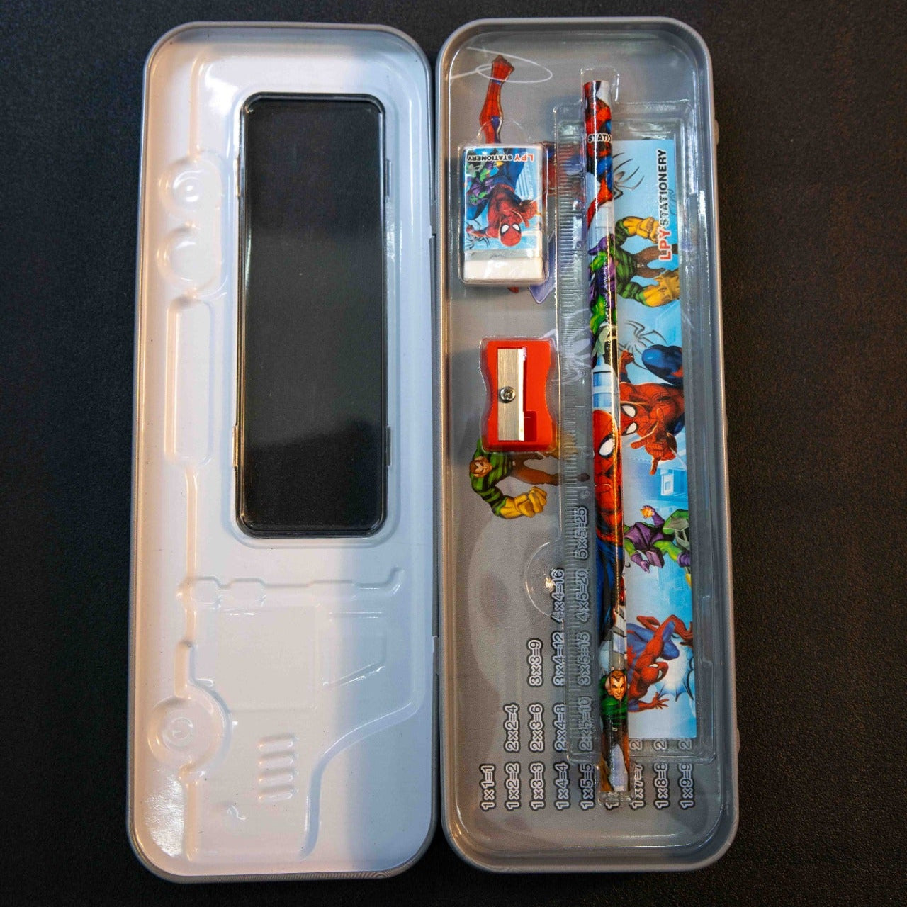 Kids bus shape pencil box with stationery kit open view including pencil ruler eraser and sharpener for school kids