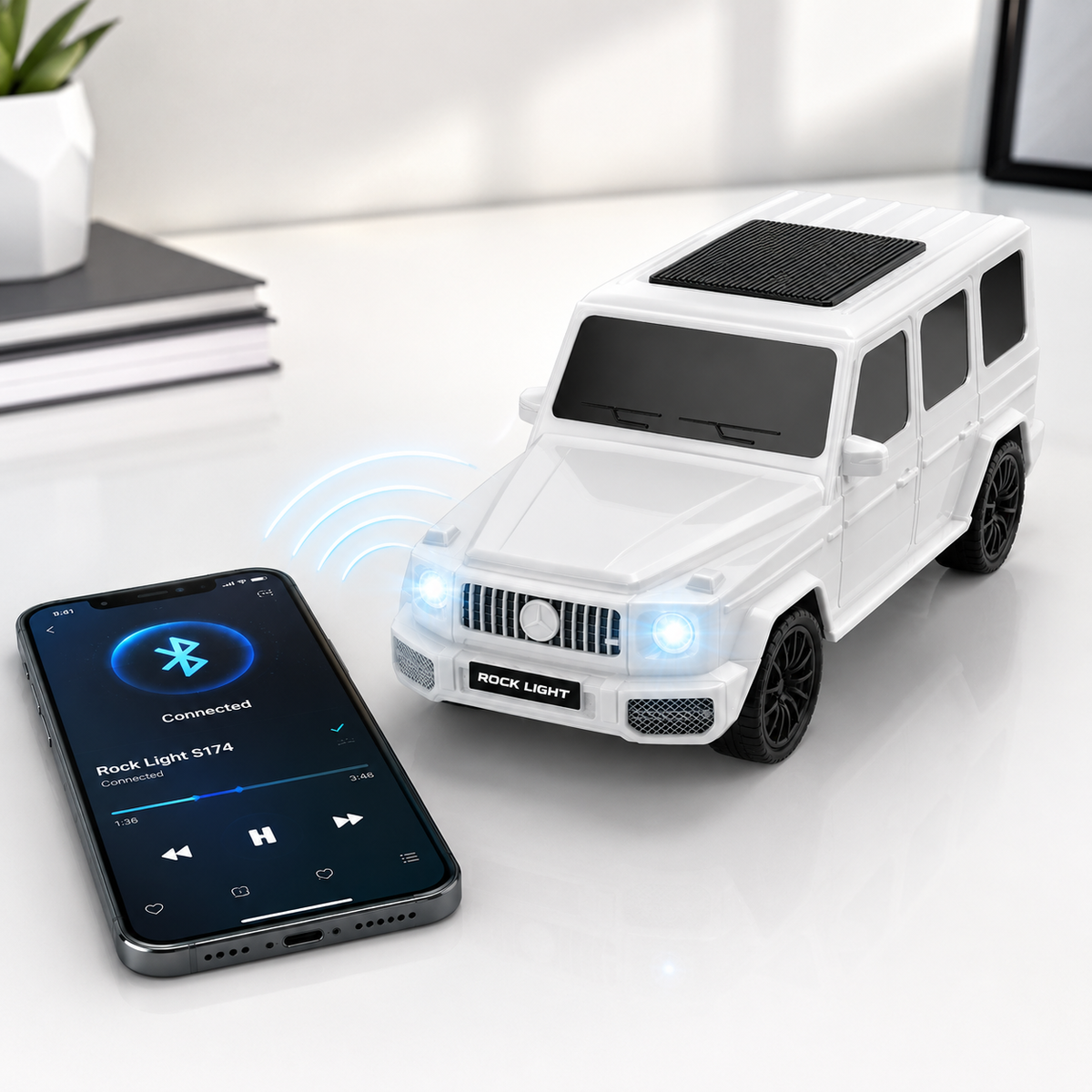 White SUV-style Bluetooth speaker wirelessly connected to a smartphone via Bluetooth 5.0, showcasing easy music streaming and portable audio performance.
