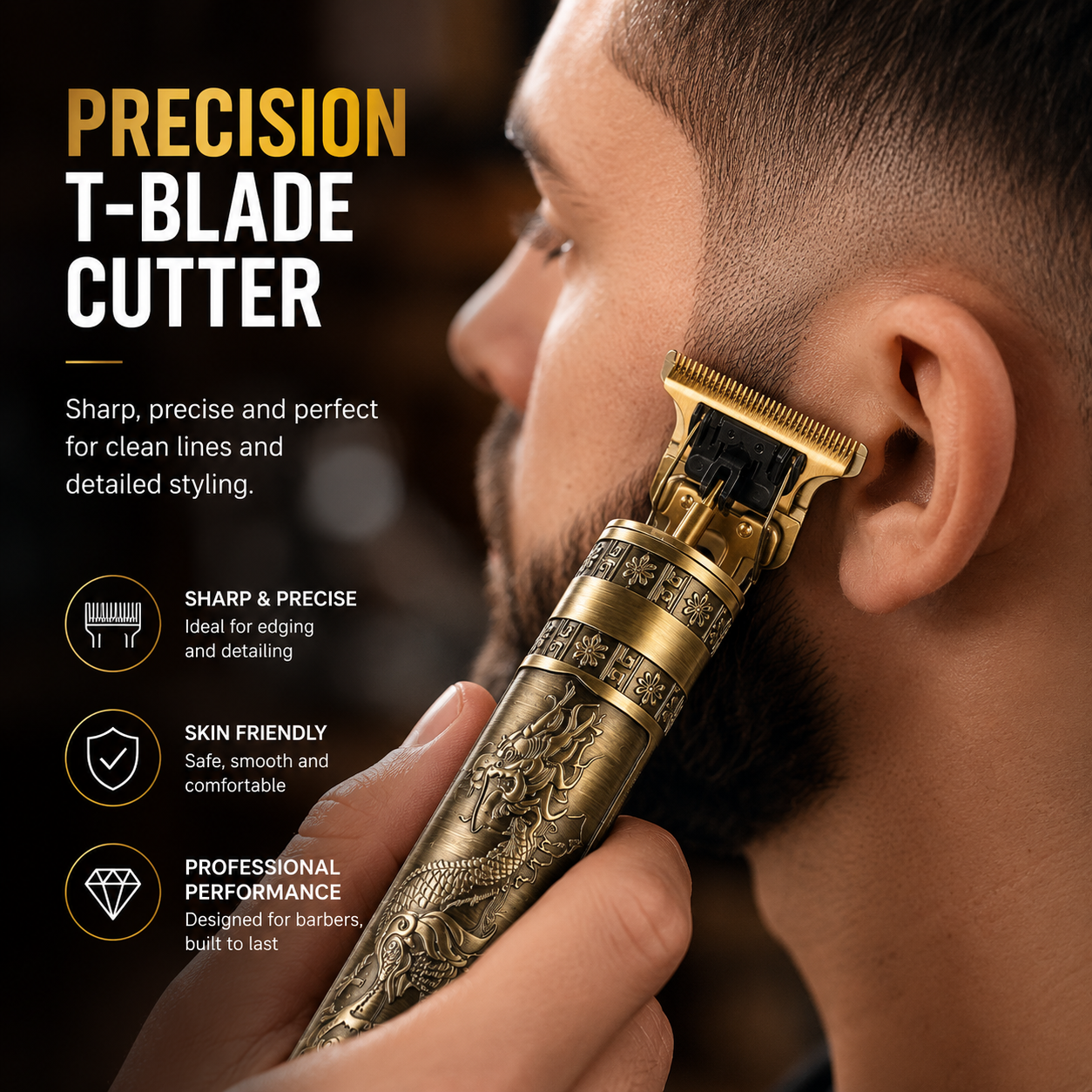 Professional T-blade hair clipper being used for beard edging and hairline detailing, featuring precision cutting and ergonomic grip.