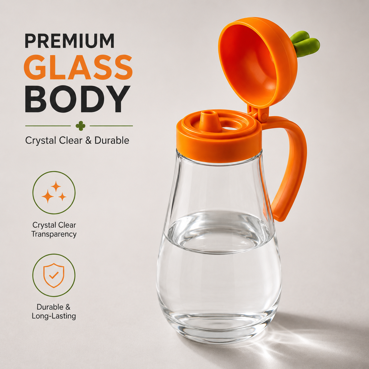 Carrot Lid Glass Oil Dispenser Bottle with transparent premium glass body and flip-top orange lid for kitchen oil storage