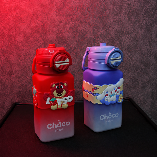 Purple Cartoon Strap Water Bottle for Kids 600ml with adorable bunny character band, reusable straw and portable carry handle.