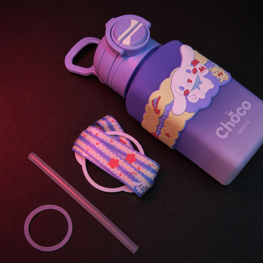 Cartoon Strap Water Bottle for Kids 600ml with detachable shoulder strap, reusable straw, silicone seal ring and cute bunny character design in purple.