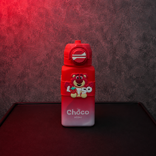 Red Cartoon Strap Water Bottle for Kids 600ml featuring cute bear character design, carry handle and child-friendly sipper lid.