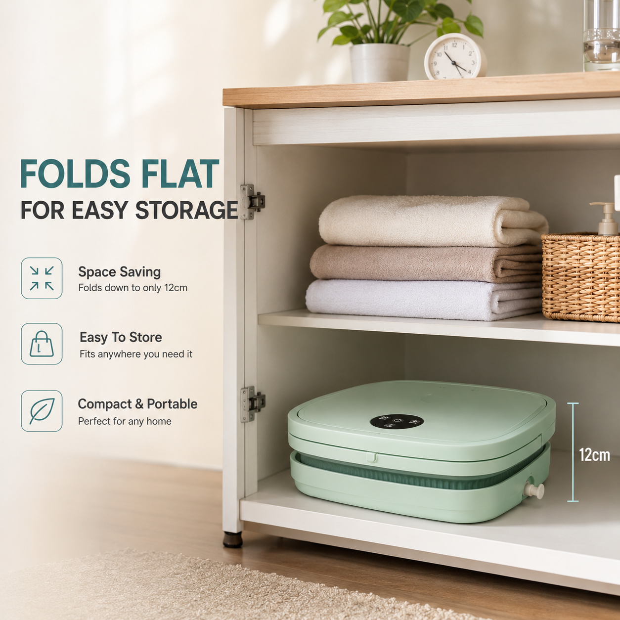 Foldable mini washing machine stored neatly inside a cabinet shelf, demonstrating compact storage, portability, and space-saving convenience for small homes.