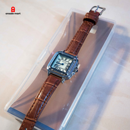 Classic brown leather square watch with Roman numeral dial and silver-tone case.