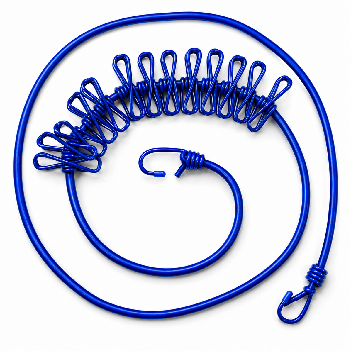 Blue ClipLoop Portable Drying Rope with integrated hanging hooks and elastic clothesline design for indoor and outdoor clothes drying
