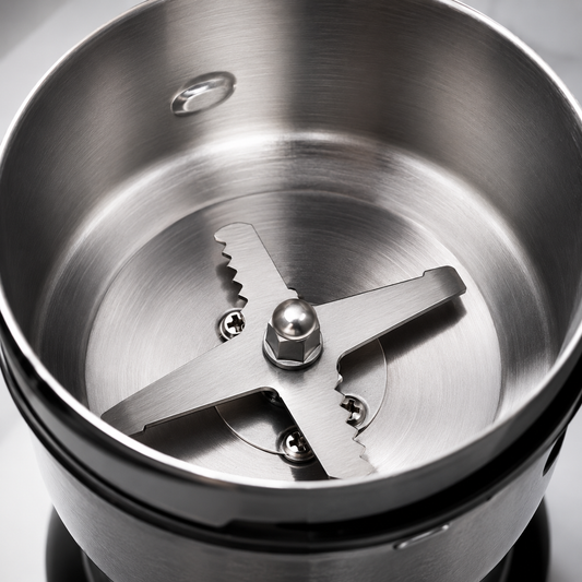 Stainless steel grinding bowl with sharp metal cross blade designed for efficient grinding of coffee beans, spices and dry ingredients.