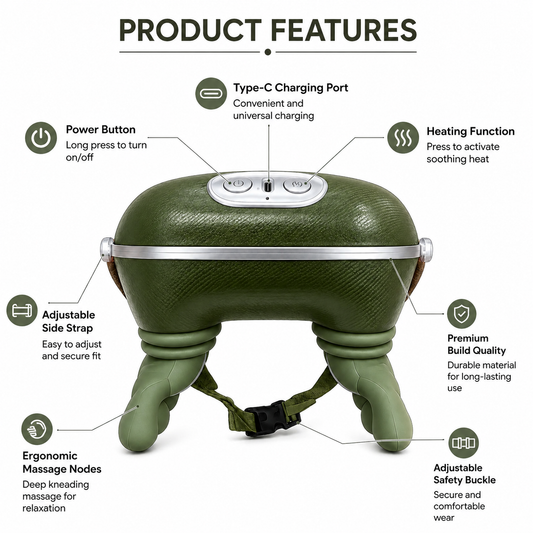 Heated neck and shoulder massager with Type-C charging port, ergonomic massage heads, adjustable straps and easy one-touch controls.