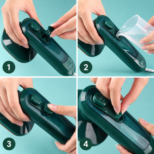 Step-by-step water filling guide for Compact Dry Iron with Mist Spray showing refill process and mist spray setup