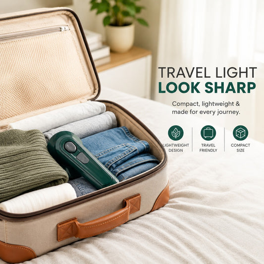Travel-friendly Compact Dry Iron with Mist Spray packed inside suitcase for wrinkle-free clothes during travel