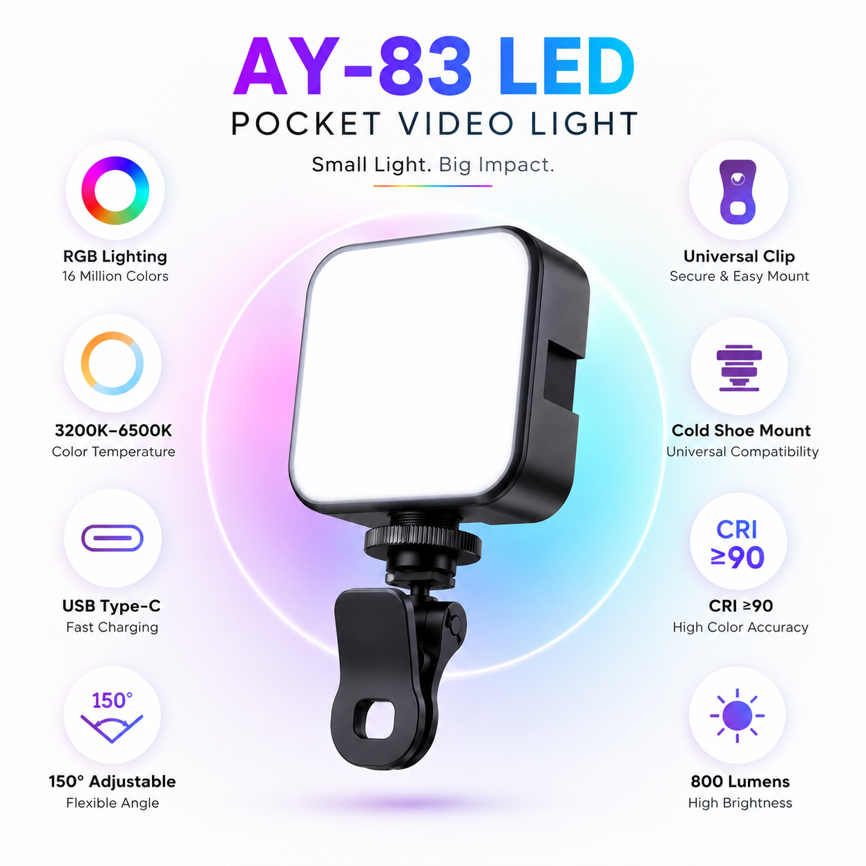 Compact LED video light with adjustable brightness, universal clip, and Type-C charging for content creation.