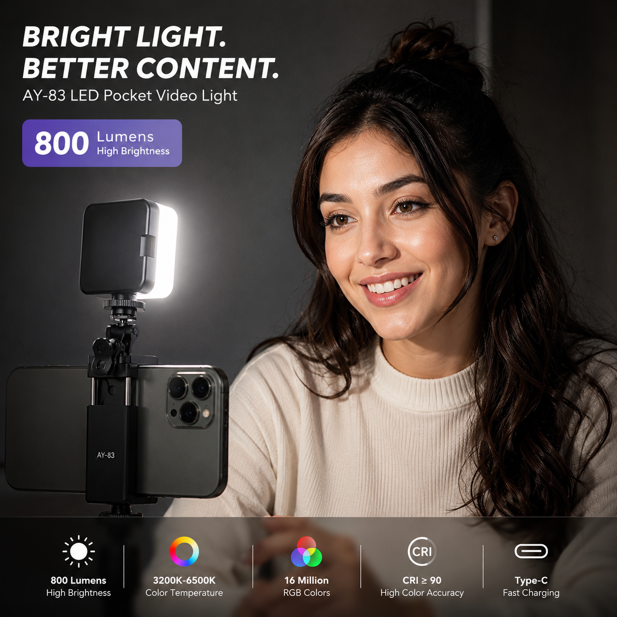 Portable RGB LED fill light clipped to a smartphone, delivering bright, professional lighting for vlogging and video calls.
