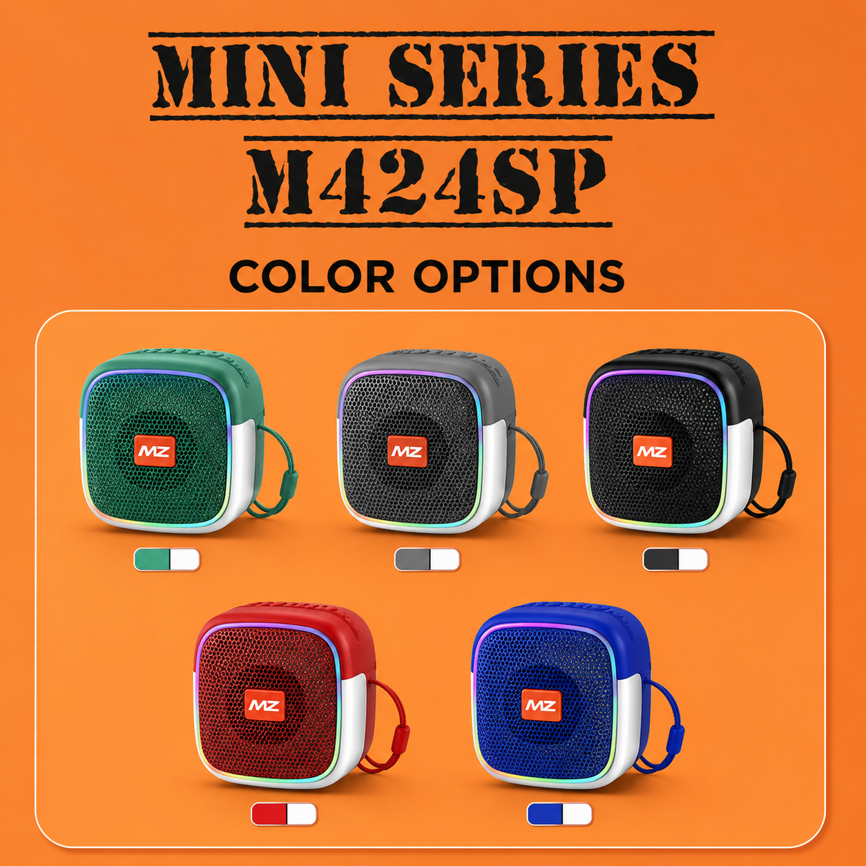 Color options for the M424SP Mini Wireless Bluetooth Speaker showing five available finishes—green, grey, black, red, and blue. Each compact portable speaker features RGB disco LED lighting, a textured front grille, carry strap, and modern square design