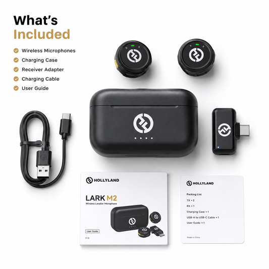 Complete wireless lavalier microphone kit including dual wireless microphones, portable charging case, USB-C receiver adapter, charging cable, and user guide displayed