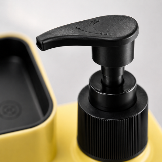 3-in-1 dish soap dispenser black pump head close-up, refillable kitchen soap dispenser with sponge holder, durable ABS plastic sink organizer