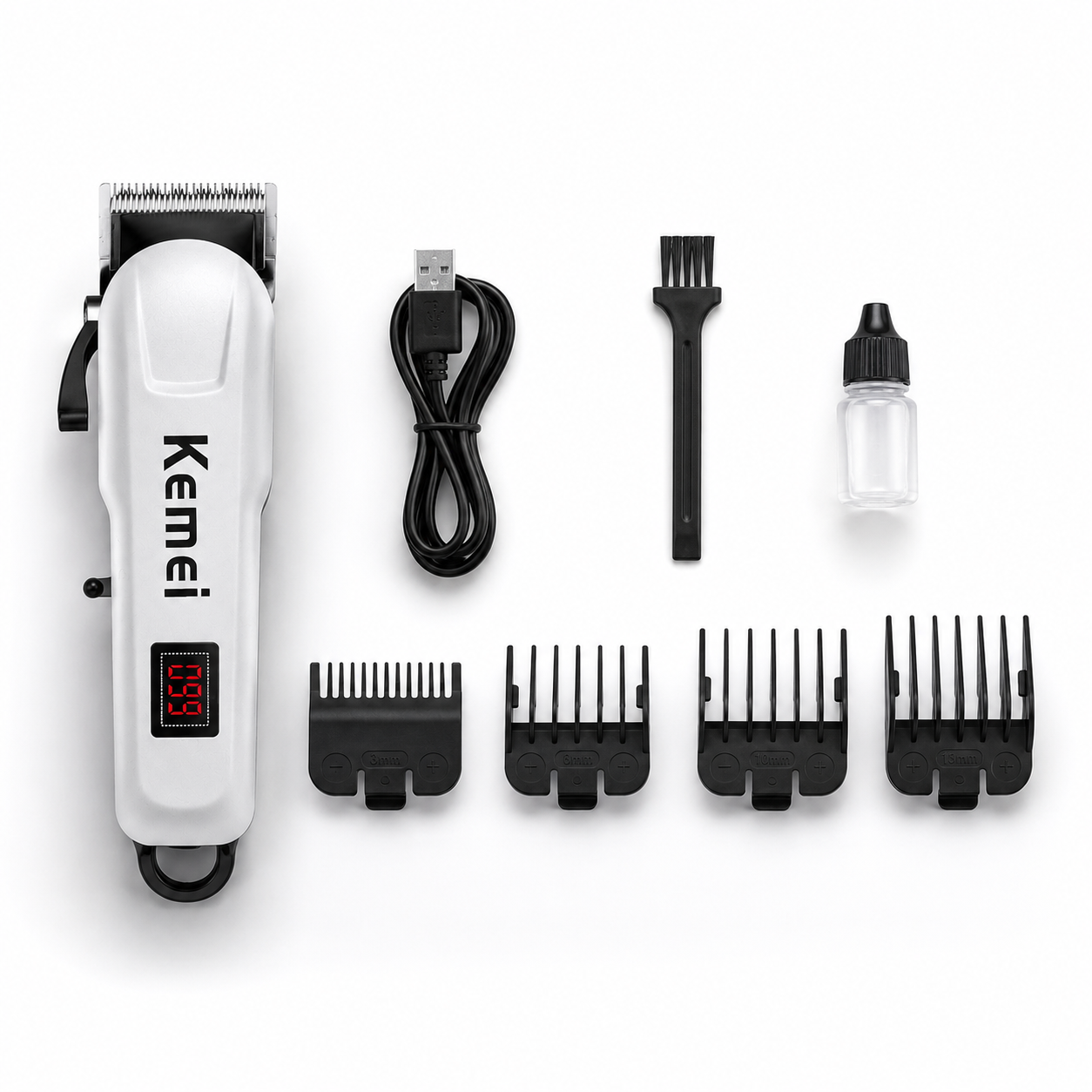 Professional rechargeable hair clipper kit including USB charging cable, cleaning brush, lubricating oil, and four guide combs (3mm, 6mm, 10mm, 13mm)