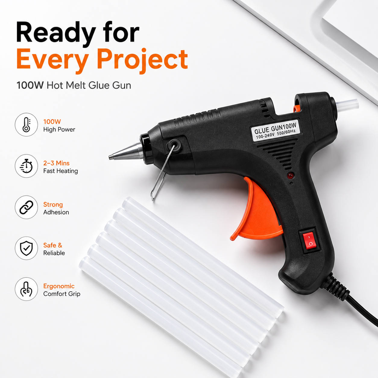 100W heavy-duty hot melt glue gun with glue sticks, fast heating, ergonomic grip, precision metal nozzle and integrated ON/OFF switch for DIY, crafts and repair projects.