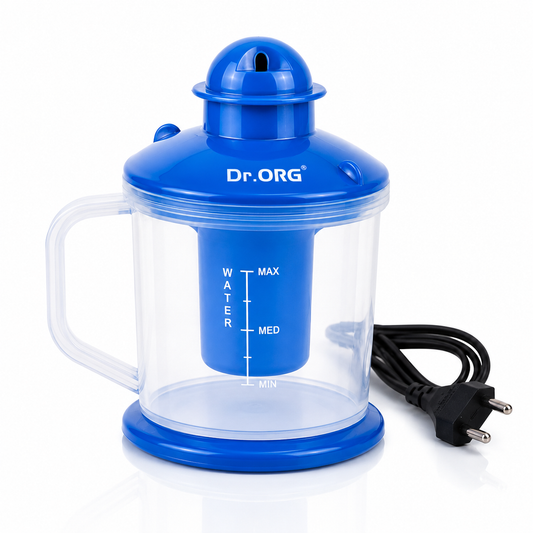 Blue electric steam inhaler vaporizer with transparent 350ml container, ergonomic handle, water level indicator, steam nozzle, and power cord