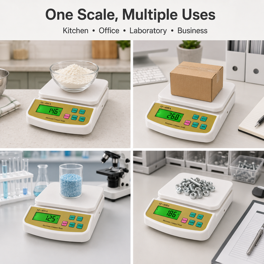 SF-400A digital scale used for weighing baking ingredients, parcels, laboratory samples and small business components.