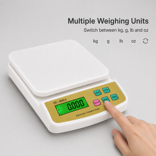 SF-400A electronic scale with MODE button for switching between kg, g, lb and oz weighing units.