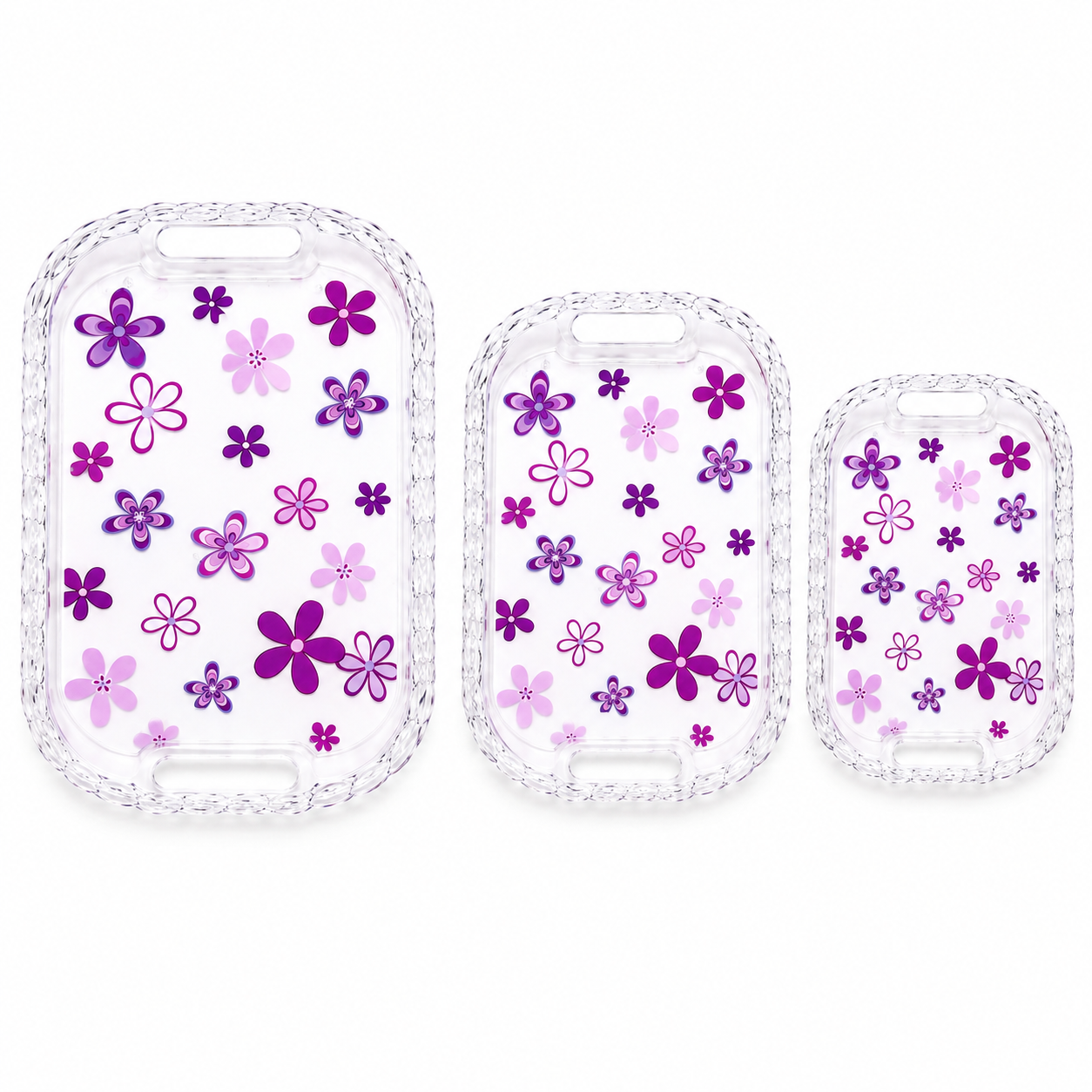 3-piece floral serving tray set with transparent crystal-look braided border, built-in handles, and purple flower design in large, medium, and small sizes on a white background.