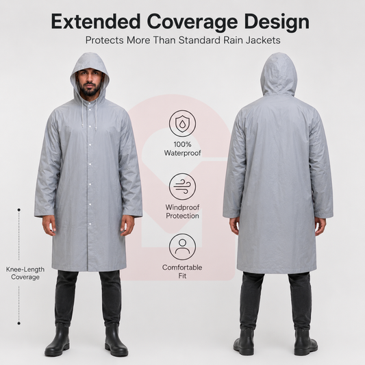 Full Coverage Rain Jacket front and back view showing knee-length waterproof design, hooded raincoat with extended protection and windproof coverage