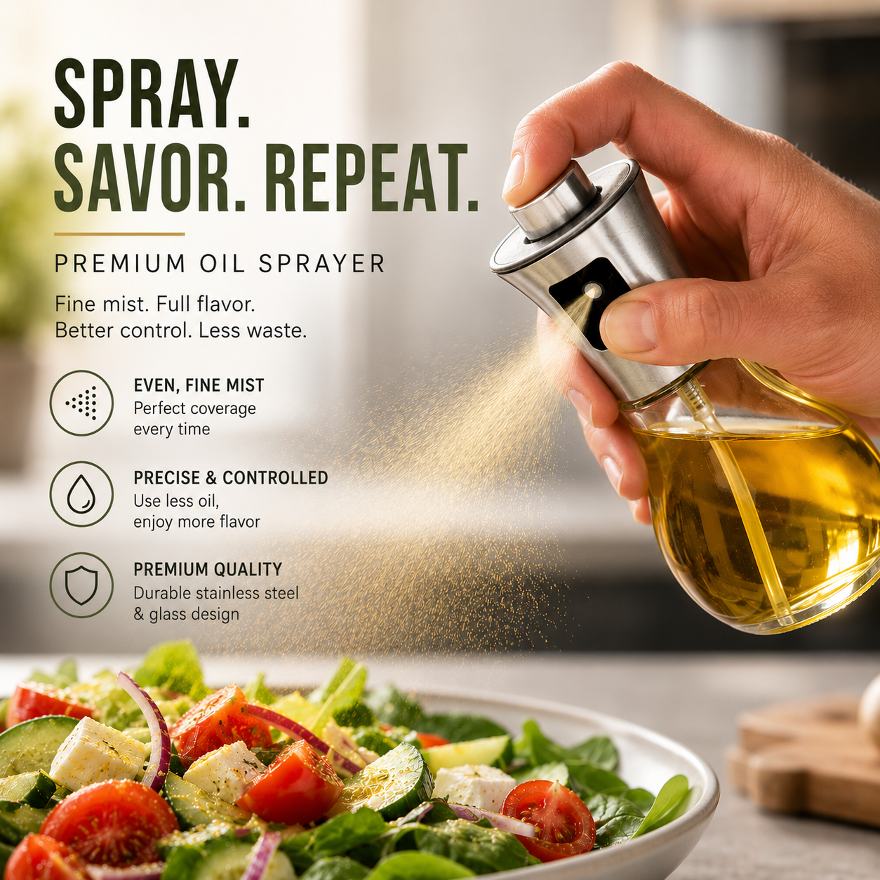 Hand using Glass Cooking Oil Mister Bottle to spray fine olive oil mist over fresh salad, stainless steel oil sprayer for controlled cooking and healthy meal preparation.