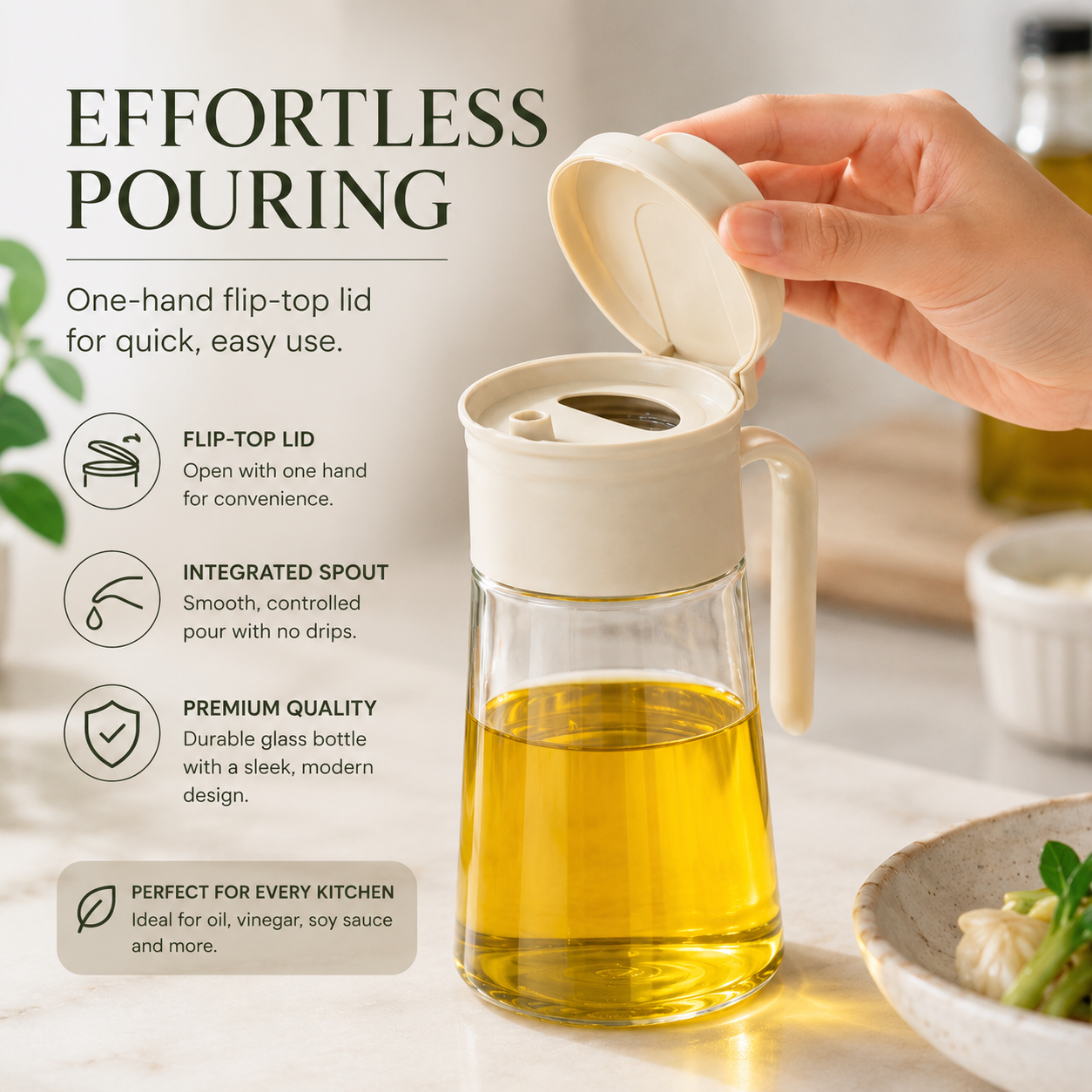 Glass Oil Dispenser Bottle with Handle featuring one-hand flip-top lid, integrated pouring spout, and drip-free oil dispensing for everyday cooking.