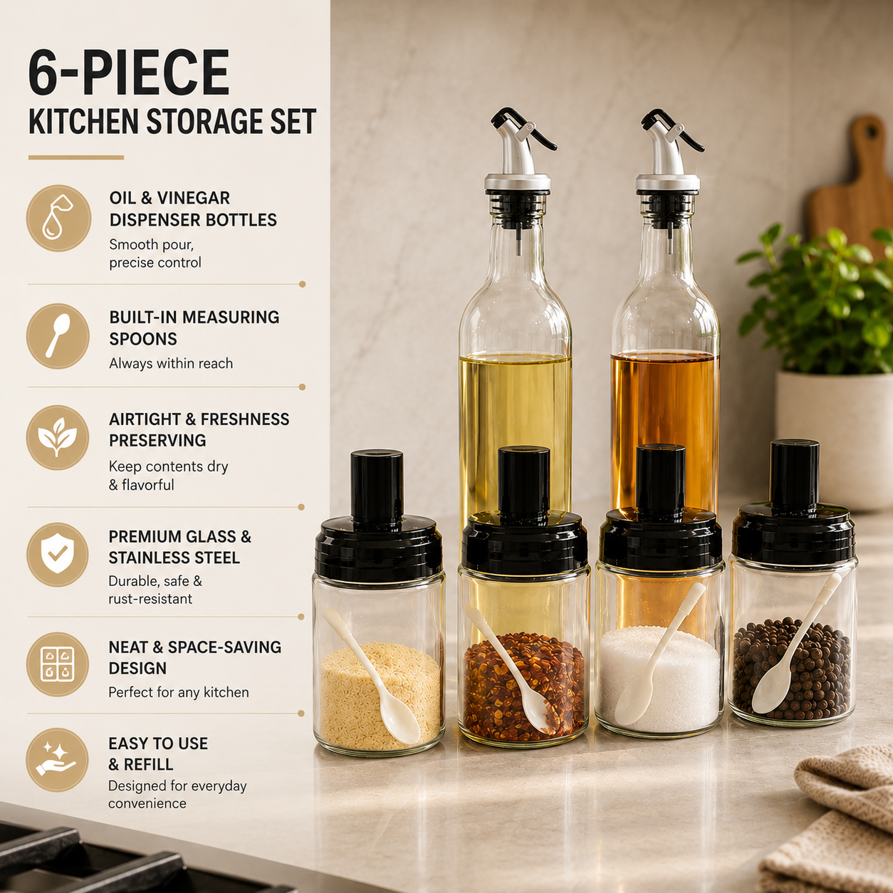 6-piece Glass Oil Dispenser & Spice Container Set featuring oil and vinegar bottles, built-in measuring spoons, airtight spice jars and kitchen storage organization