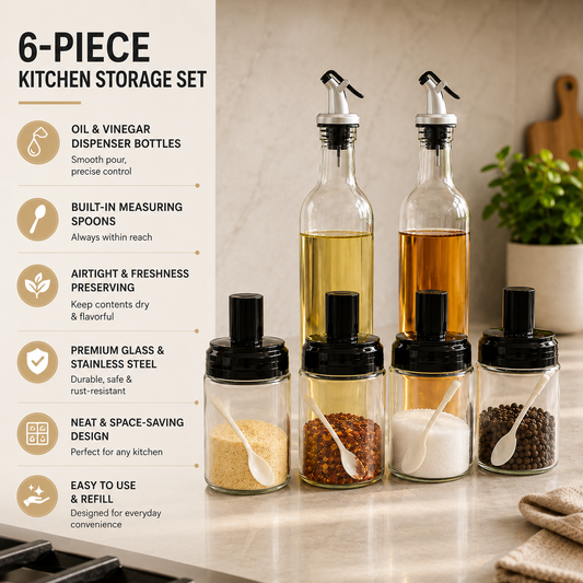 6-piece Glass Oil Dispenser & Spice Container Set featuring oil and vinegar bottles, built-in measuring spoons, airtight spice jars and kitchen storage organization