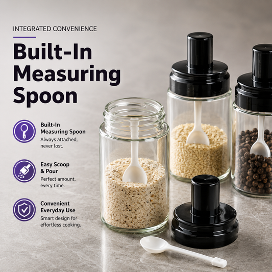 Glass Spice Container Set with built-in measuring spoon, airtight lid and transparent seasoning jar for easy scooping and organized kitchen storage