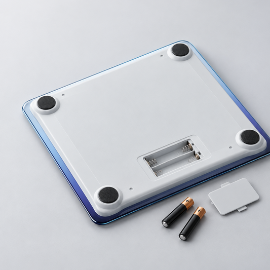 Underside of a digital bathroom scale showing four anti-slip feet, battery compartment and two AAA batteries.