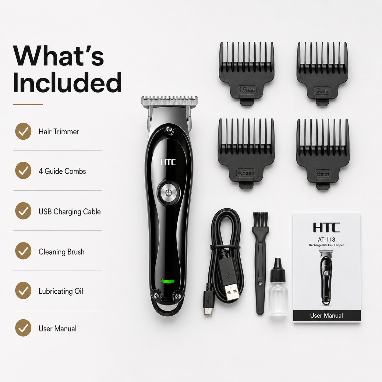 Professional hair trimmer kit with rechargeable T-blade hair clipper, four guide comb attachments (1.5mm, 3mm, 4.5mm, 6mm), USB charging cable, cleaning brush, lubricating oil, and user manual arranged on a clean white background.