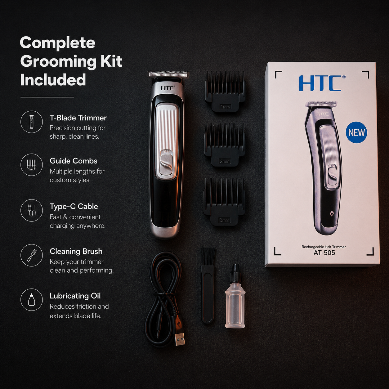 Rechargeable T-Blade Hair Trimmer for Men complete grooming kit with guide combs Type-C cable cleaning brush and oil bottle