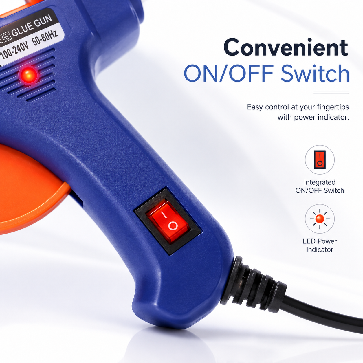20W electric hot glue gun with integrated ON/OFF switch, LED power indicator, ergonomic grip and corded design for convenient craft and repair work.