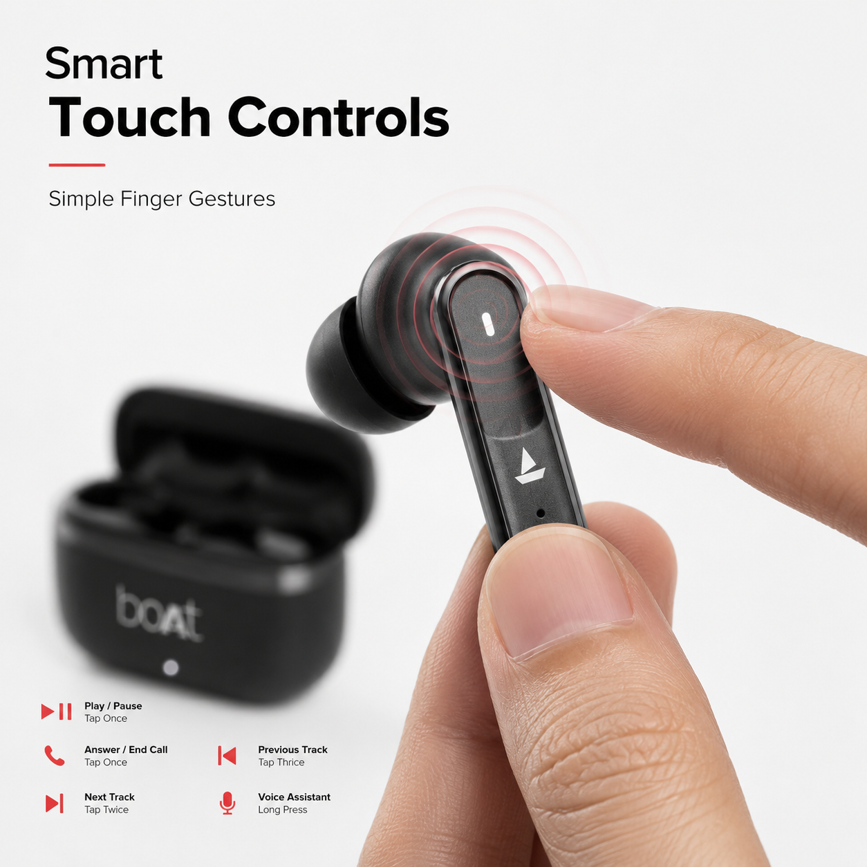 Close-up of a true wireless Bluetooth earbud demonstrating smart touch controls with simple finger gestures for play/pause, answer or end calls, next and previous track selection, and voice assistant activation, alongside a compact charging case.