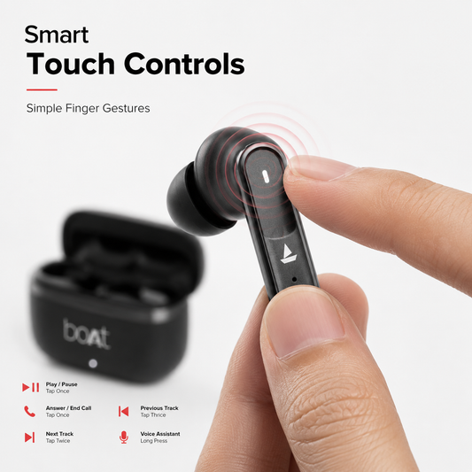 Close-up of a true wireless Bluetooth earbud demonstrating smart touch controls with simple finger gestures for play/pause, answer or end calls, next and previous track selection, and voice assistant activation, alongside a compact charging case.