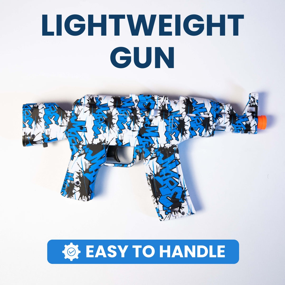 Kids Electric Gel Blaster Gun Kit with Safety Glasses, lightweight and easy to handle, designed for children, with highlighted text 'LIGHTWEIGHT GUN' and 'EASY TO HANDLE.