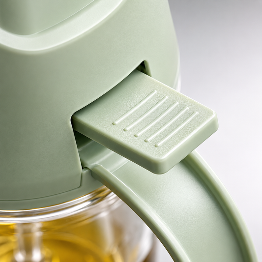 Macro close-up of Kitchen Oil Sprayer & Dispenser ergonomic press button featuring textured anti-slip surface for comfortable and precise oil spraying control.