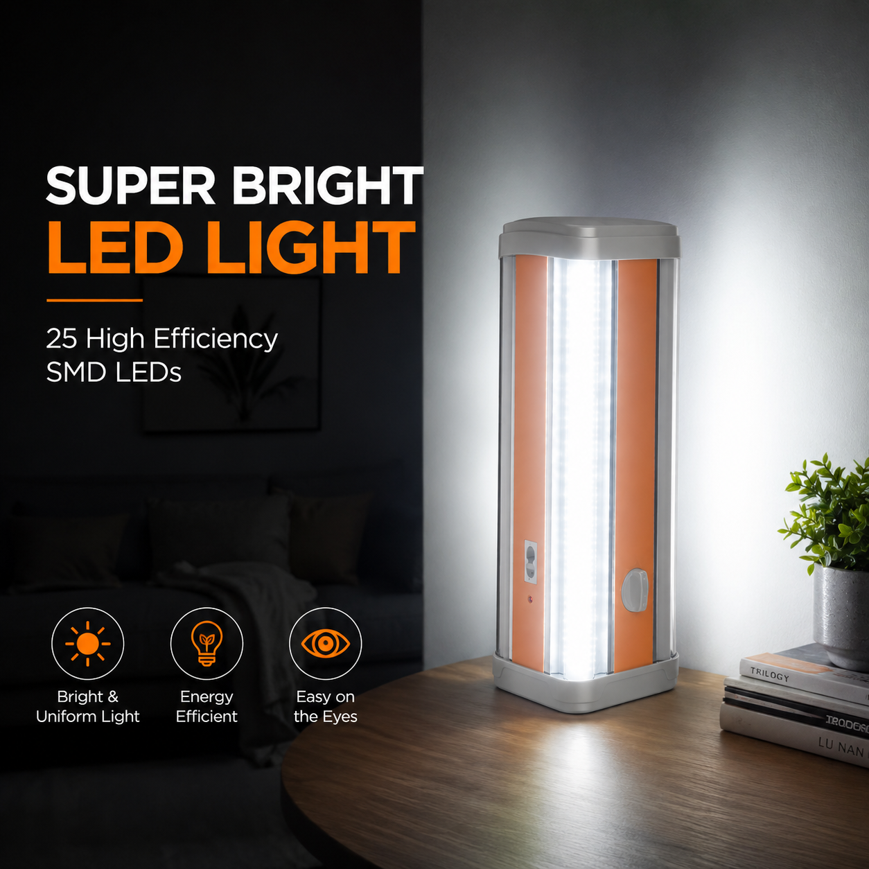 Rechargeable LED emergency light illuminating a bedside table during a power outage, featuring 25 high-efficiency SMD LEDs for bright, uniform, and eye-friendly lighting.