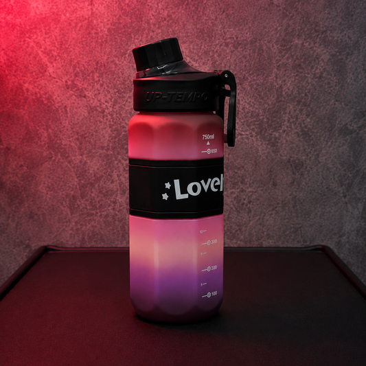 Lovely Grip 750ml Water Bottle with measurement markings, ergonomic carry handle, and pink gradient design for gym, travel, and daily hydration.