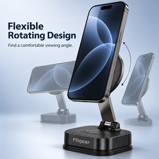Adjustable magnetic phone stand displaying portrait, landscape and angled viewing positions
