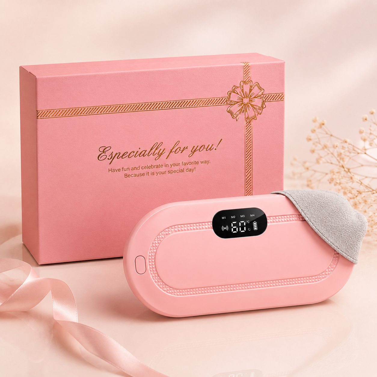 Rechargeable period relief massager with premium pink gift box packaging, ideal for personal comfort, wellness gifting and everyday use.