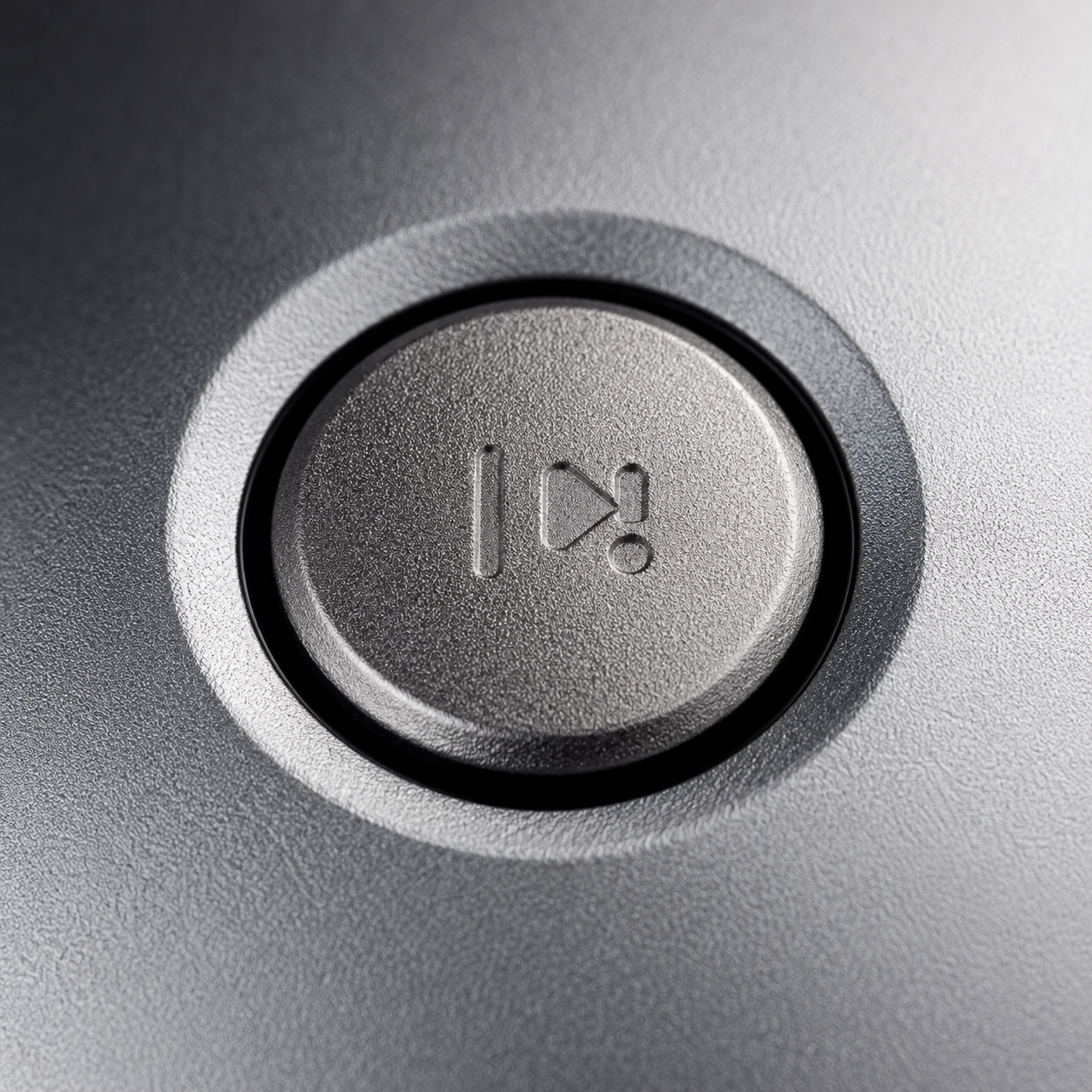 Close-up macro view of the multifunction play/pause button on a compact metal Bluetooth speaker, featuring a textured metallic finish, one-key control design, and premium build quality.